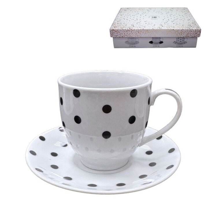ŠALICE ZA KAVU S TANJURIĆIMA 6/1 PORCULAN 180 ML - CRNE TOČKICE