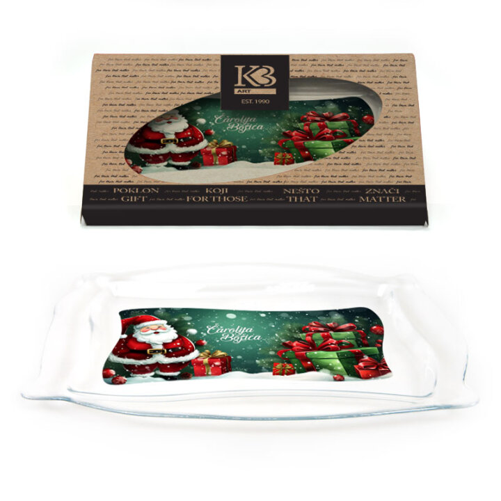 BOŽIĆNA TACNA PATISSERIE STAKLENA 34x22 CM SA TISKOM Božićna čarolija U POKLON KUTIJI