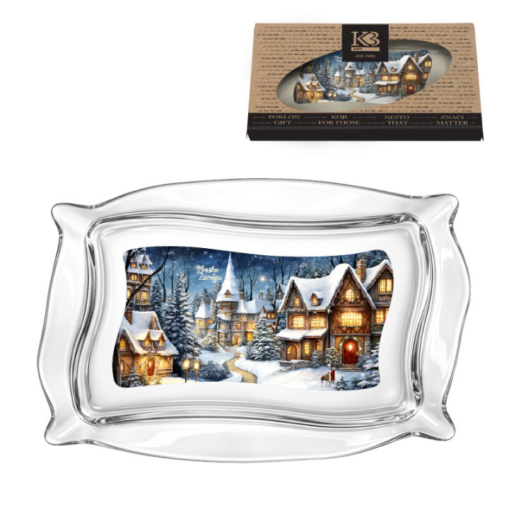 BOŽIĆNA TACNA PATISSERIE STAKLENA 34x22cm SA TISKOM Zimska čarolija U POKLON KUTIJI