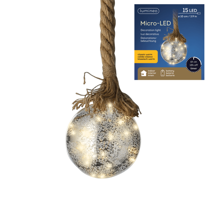 KUGLA DEKORATIVNA 10 cm S LED ŽARULJICAMA NA BATERIJE 15/1 I ŠPAGOM- TIMER