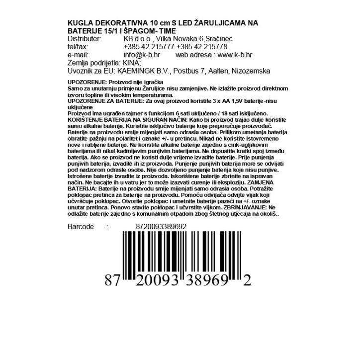 KUGLA DEKORATIVNA 10 cm S LED ŽARULJICAMA NA BATERIJE 15/1 I ŠPAGOM- TIMER