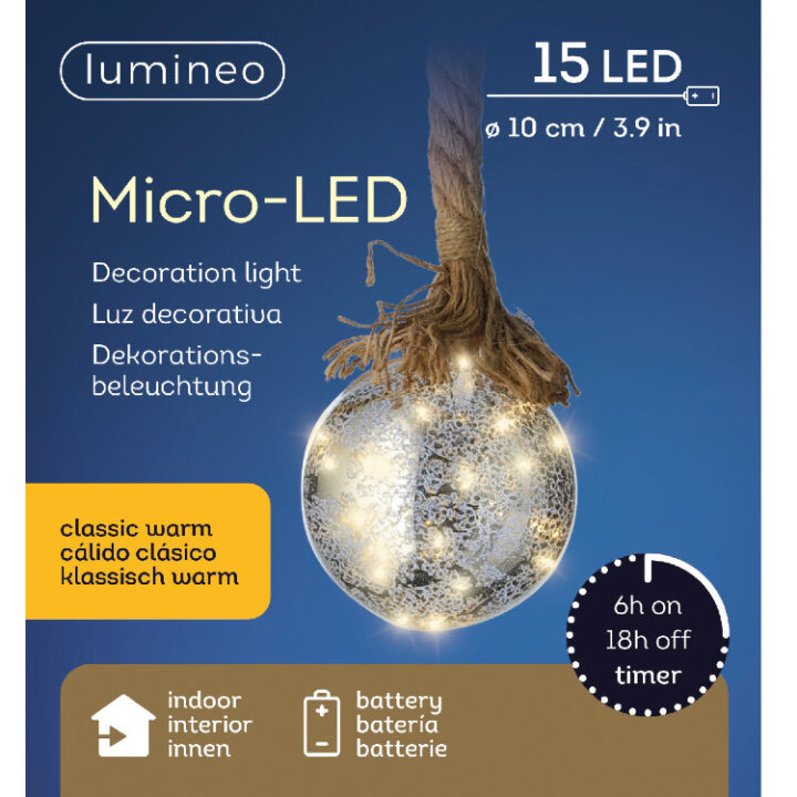 KUGLA DEKORATIVNA 10 cm S LED ŽARULJICAMA NA BATERIJE 15/1 I ŠPAGOM- TIMER
