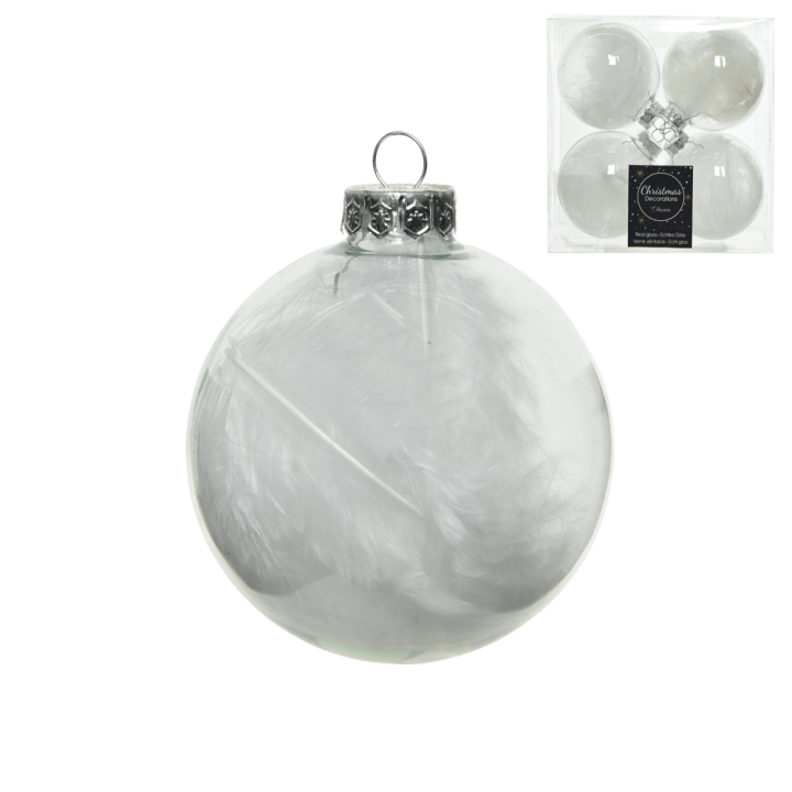 KUGLICE ZA BOR STAKLENE TRANSPARENT S BIJELIM PERJEM 7 cm 4/1