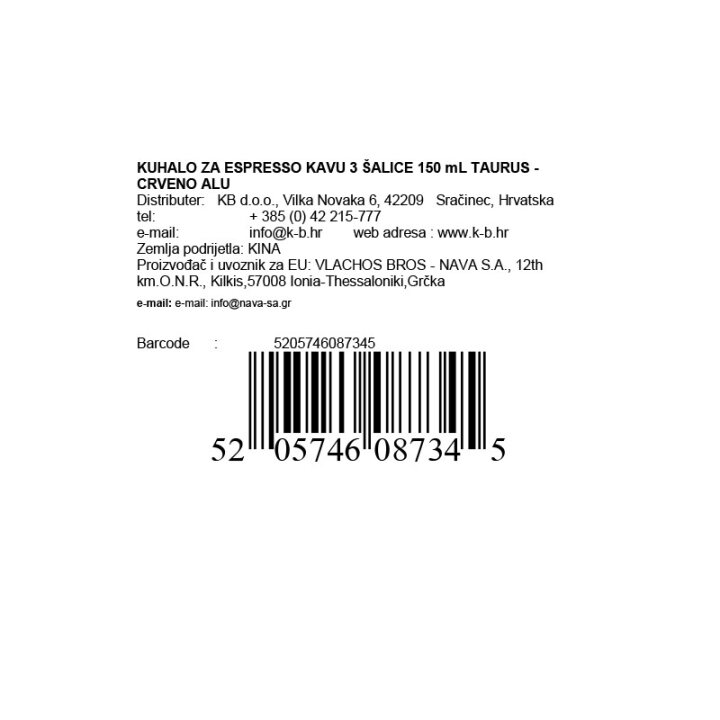 KAFETIJERA ZA KAVU ESPRESSO ZA 3 ŠALICE 150 mL TAURUS - CRVENO ALU