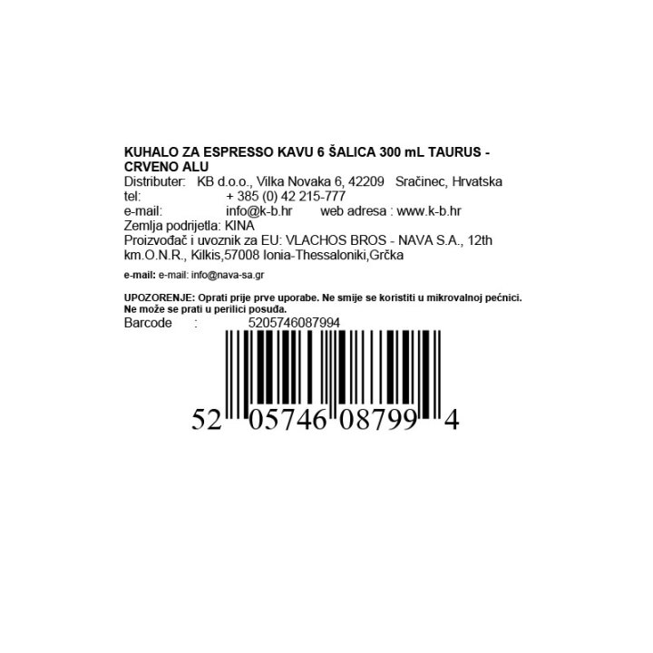 KAFETIJERA ZA ESPRESSO KAVU ZA 6 ŠALICA 300 mL TAURUS - CRVENO ALU