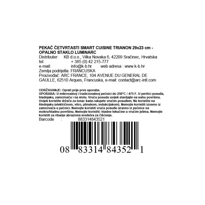 PEKAČ ČETVRTASTI SMART CUISINE TRIANON 29x23 cm - OPALNO STAKLO LUMINARC