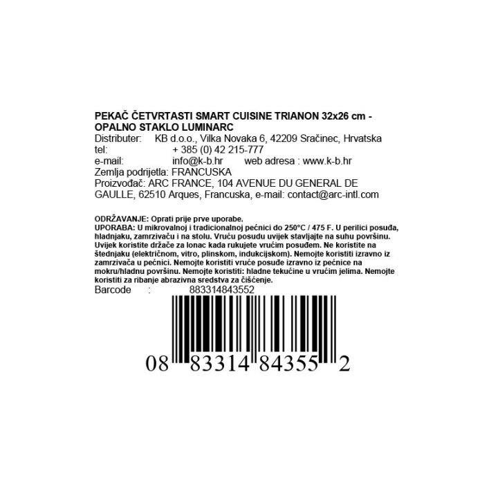 PEKAČ ČETVRTASTI SMART CUISINE TRIANON 32x26 cm - OPALNO STAKLO LUMINARC