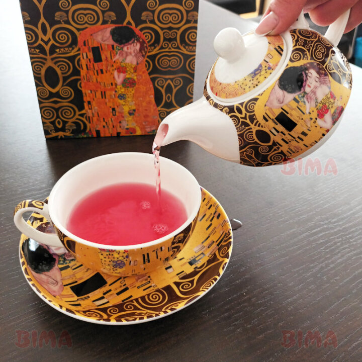 ČAJNIK SA ŠALICOM PORCULAN 380+280 ML U POKLON KUTIJI - THE KISS BROWN BY GUSTAV KLIMT