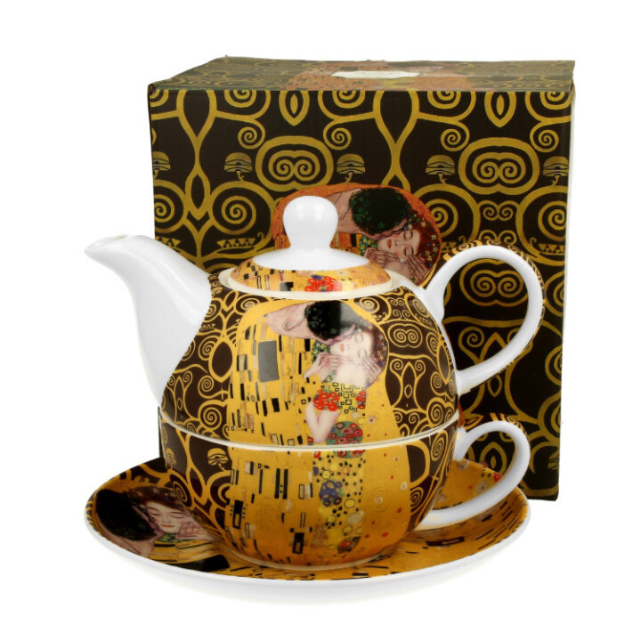ČAJNIK SA ŠALICOM PORCULAN 380+280 ML U POKLON KUTIJI - THE KISS BROWN BY GUSTAV KLIMT