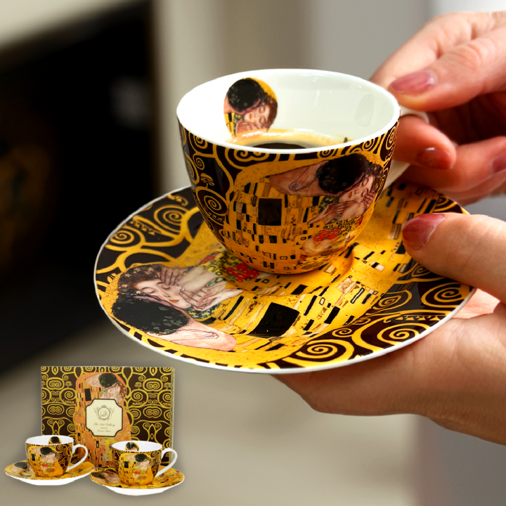 ŠALICE ZA KAVU PORCULANSKE 2/1 90 ML U POKLON KUTIJI - THE KISS BROWN BY GUSTAV KLIMT