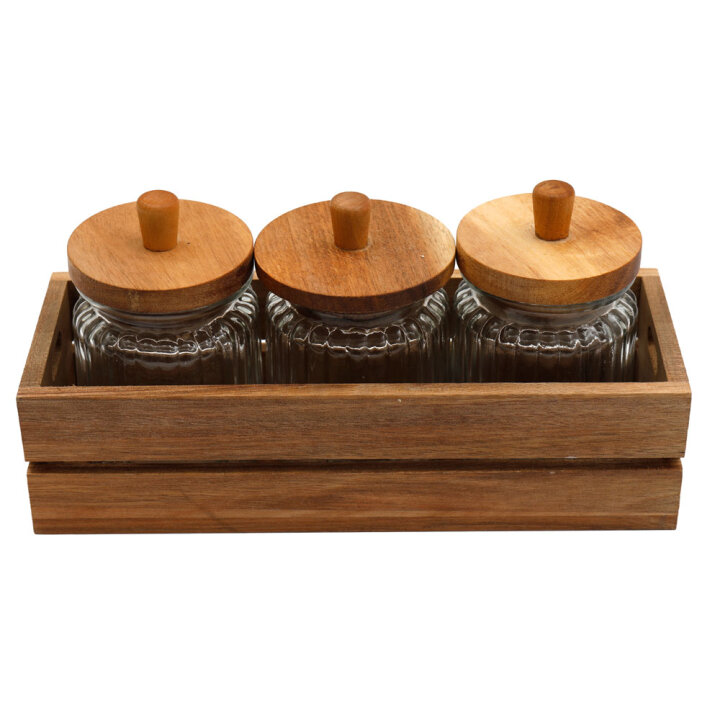 POSUDICE ZA ZAČINE 3/1 S DRVENIM POKLOPCIMA NA DRVENOM STALKU 26x9,5xx12,5 cm
