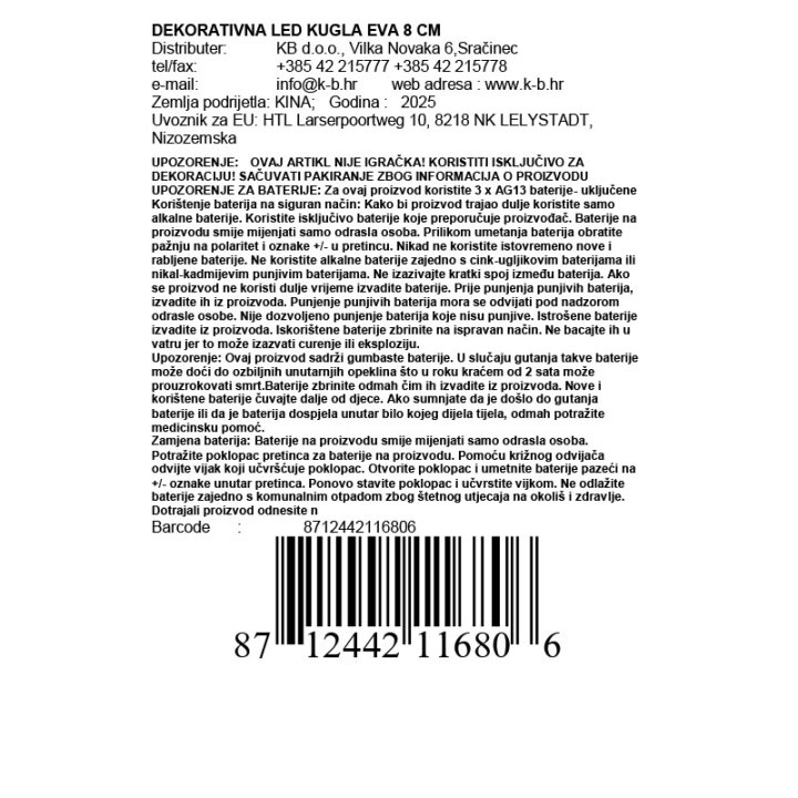 DEKORATIVNA LED BOŽIĆNA KUGLA EVA 8 CM