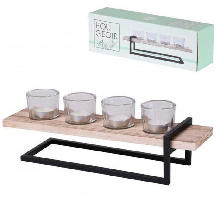 DRVENI SVIJEĆNJAK S METALNIM POSTOLJEM ZA 4 LUČICE 40x12x13 cm-NATURAL LIVING