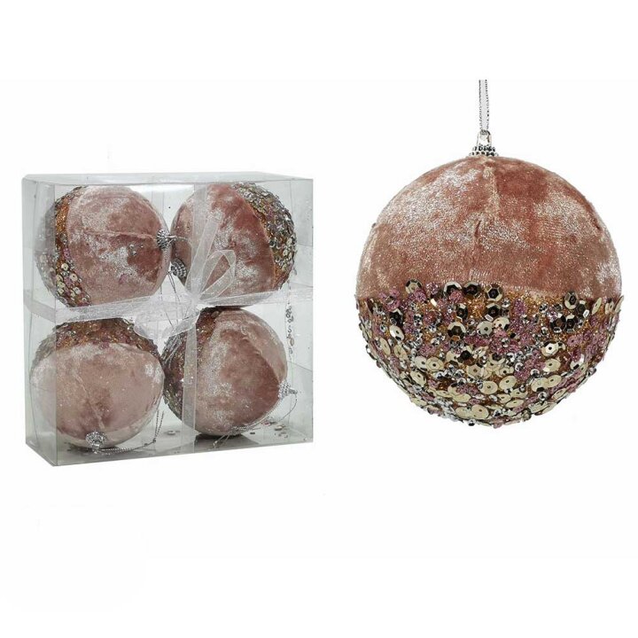 SET BOŽIĆNIH KUGLICA OD BARŠUNA S GLITERIMA 4/1 ROZA 10 cm