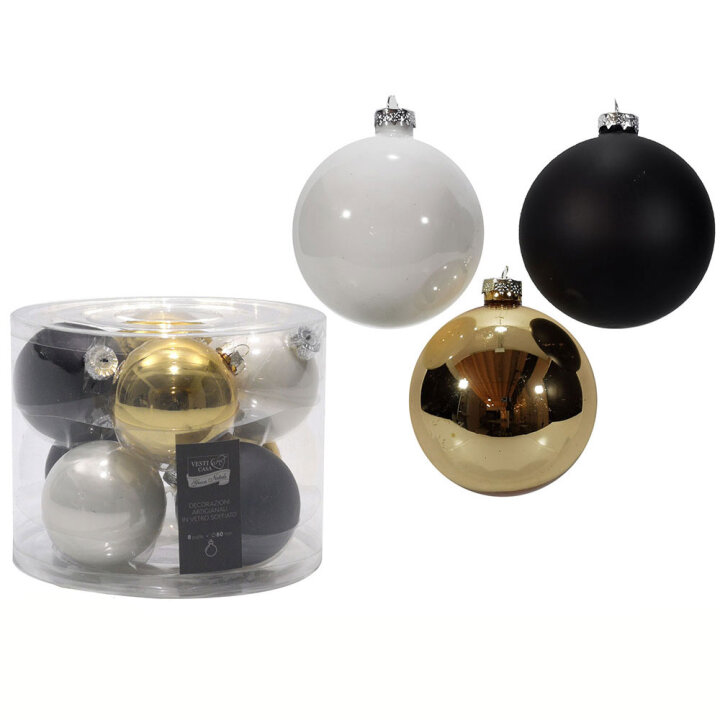 SET STAKLENE KUGLICE ZA BOR 8/1 ZLATNE/BIJELE/CRNE 8 cm