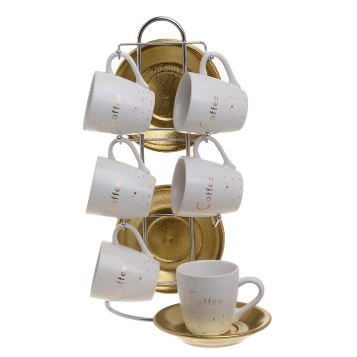 ŠALICE ZA ESPRESSO S TANJURIĆIMA PORCULANSKE 6/1 BIJELO-ZLATNE NA METALNOM STALKU 30 cm