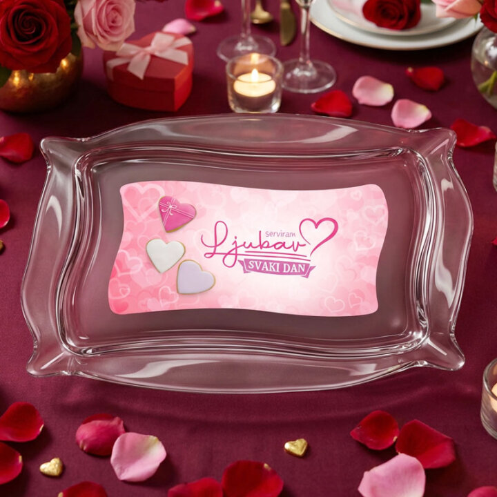 TACNA PATISSERIE STAKLENA 34x22cm SA TISKOM Serviram ljubav svaki dan U POKLON K