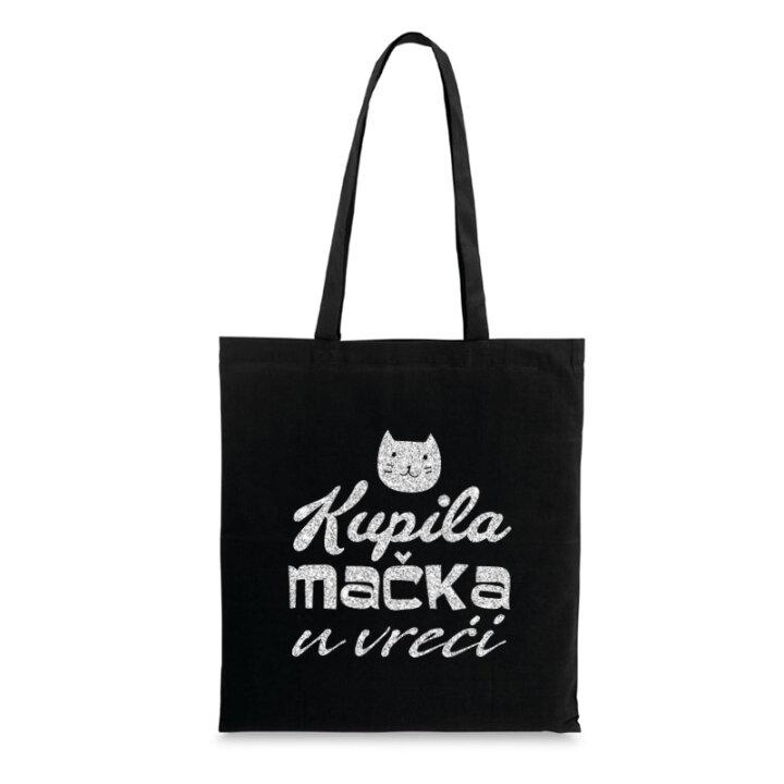 VREĆICA PLATNENA CRNA SA SREBRNIM TISKOM Kupila mačka u vreći...DUGA RUČKA