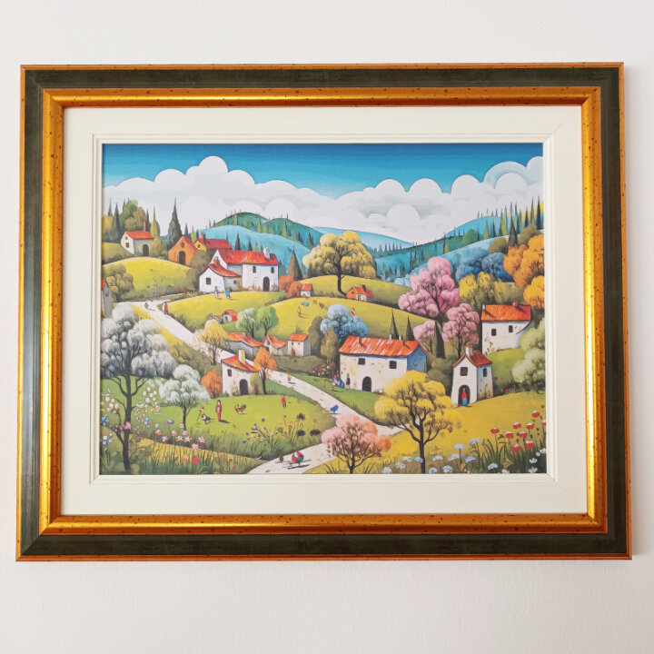 ZIDNA SLIKA UOKVIRENA - KUĆE NA BRDU 54x44