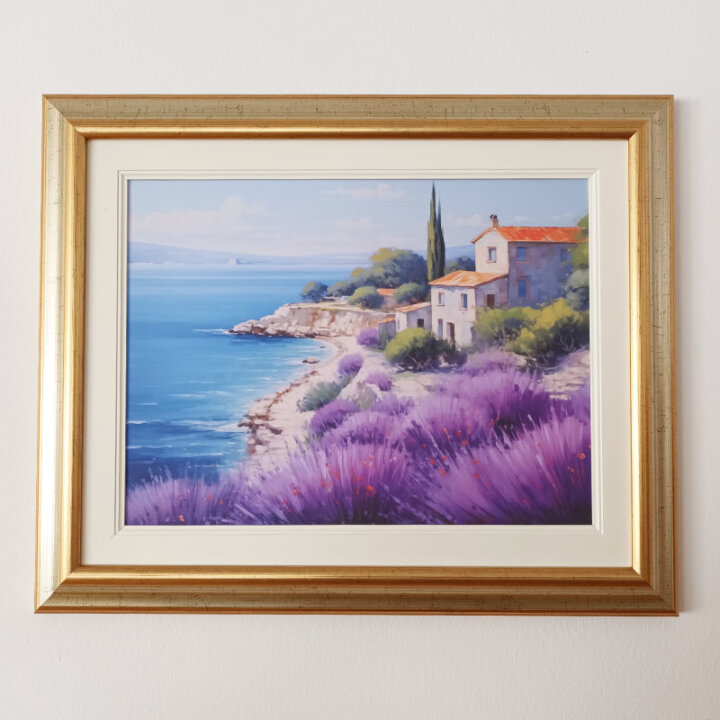 ZIDNA SLIKA UOKVIRENA - LAVANDA I KAMENA KUĆICA 54x44