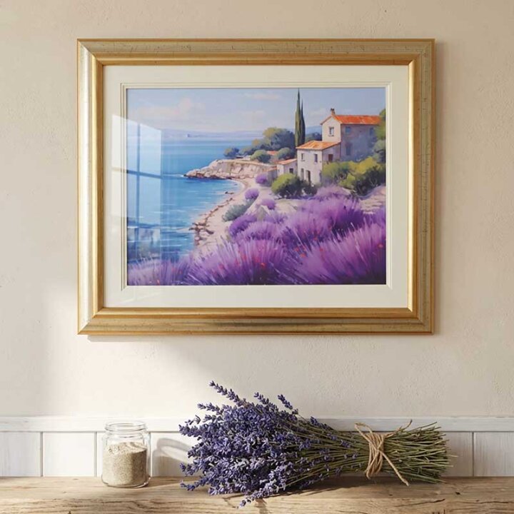 ZIDNA SLIKA UOKVIRENA - LAVANDA I KAMENA KUĆICA 54x44