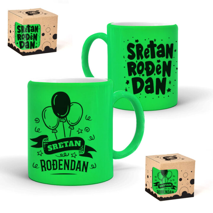 ŠALICA KERAMIČKA S TISKOM U POKLON KUTIJI NEON ZELENA - Sretan rođendan 2sort