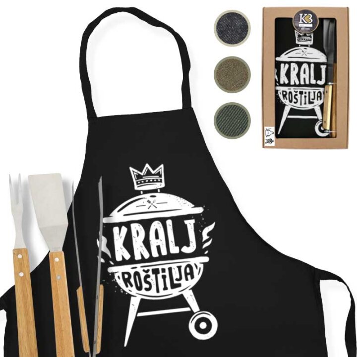 SET ZA ROŠTILJ U POKLON KUTIJI - INOX PRIBOR 3/1 I PREGAČA  Kralj roštilja