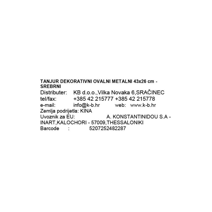 TANJUR DEKORATIVNI OVALNI METALNI 43x26 cm - SREBRNI