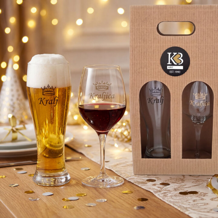 SET ČAŠA ZA VINO I PIVO S TISKOM Kralj i kraljica POKLON KUTIJA