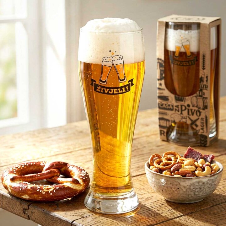 ČAŠA ZA PIVO S TISKOM 500 ml VISOKA Živjeli u poklon kutiji