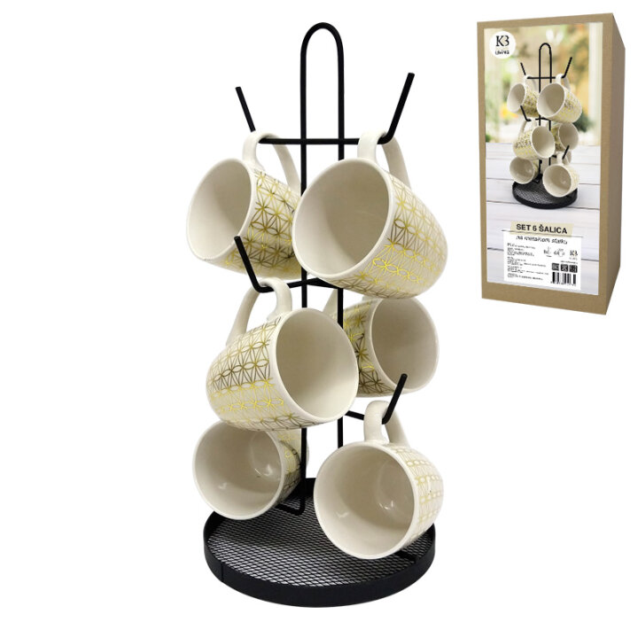 SET ŠALICA ZA KAVU 200 ml KERAMIKA NA METALNOM STALKU 37,5 cm BEŽ/ZLATNE
