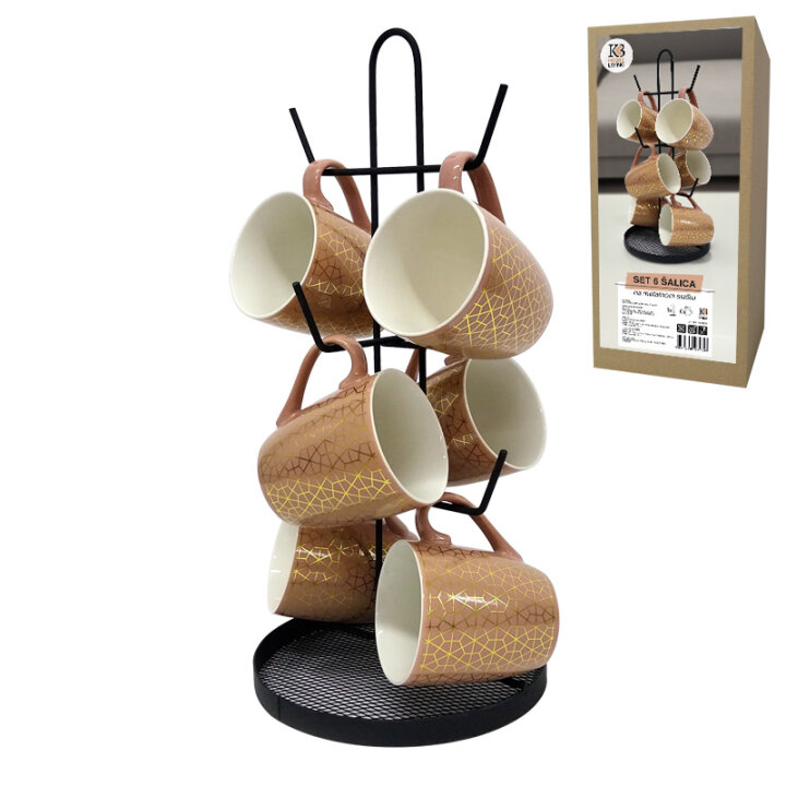 SET 6 ŠALICA 200 ml KERAMIKA NA METALNOM STALKU 37,5 cm ROZO/ZLATNE ŠALICE