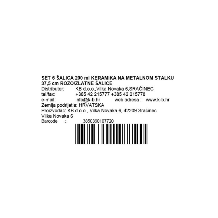 SET 6 ŠALICA 200 ml KERAMIKA NA METALNOM STALKU 37,5 cm ROZO/ZLATNE ŠALICE