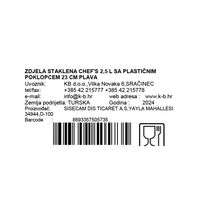 ZDJELA STAKLENA CHEF'S 2,5 L SA PLASTIČNIM POKLOPCEM 23 CM PLAVA