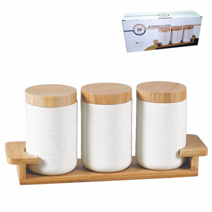 POSUDE ZA ZAČINE 3/1 PORCULANSKE 500 ml NA DRVENOM STALKU 33,5x9,8x14,5 cm