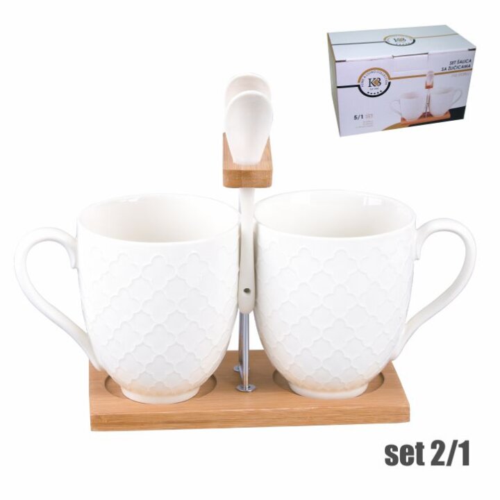 ŠALICE PORCULANSKE 2/1 NA DRVENOM STALKU 300 mL SA ŽLIČICAMA 17x8,5x18 cm