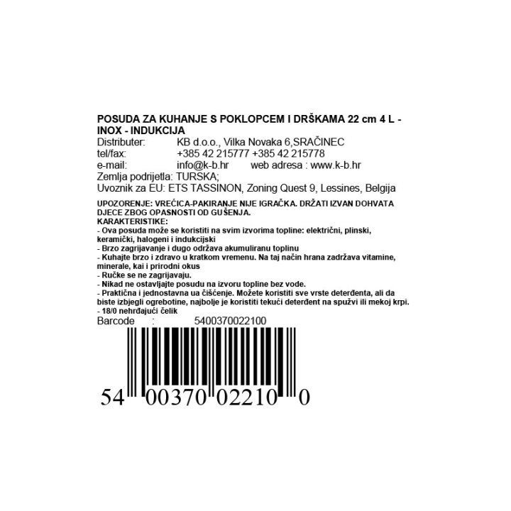 INOX POSUDA ZA KUHANJE S POKLOPCEM I DRŠKAMA 22 cm 4 L - INDUKCIJA