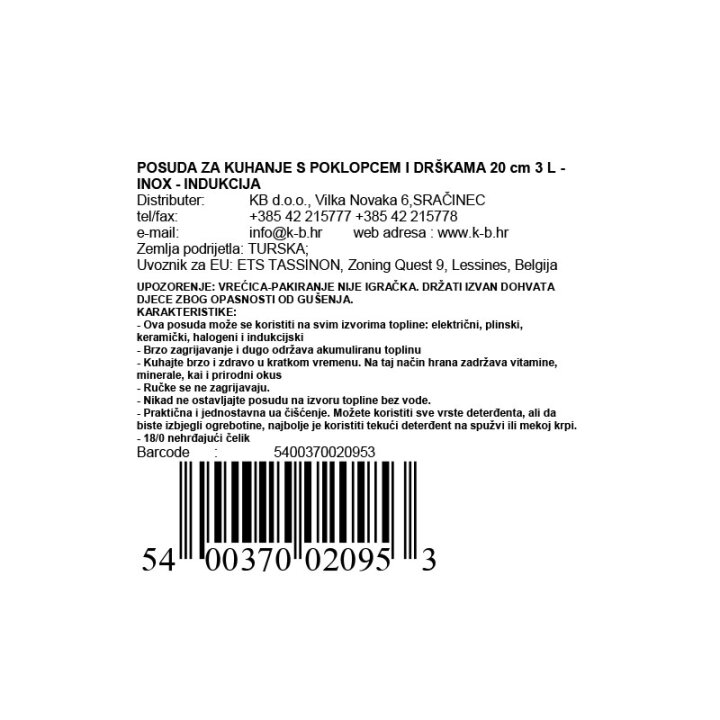 POSUDA ZA KUHANJE S POKLOPCEM I DRŠKAMA 20 cm 3 L - INOX - INDUKCIJA