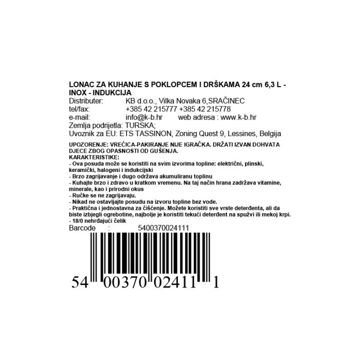 LONAC ZA KUHANJE INDUKCIJA S POKLOPCEM I DRŠKAMA 24 cm 6,3 L - INOX