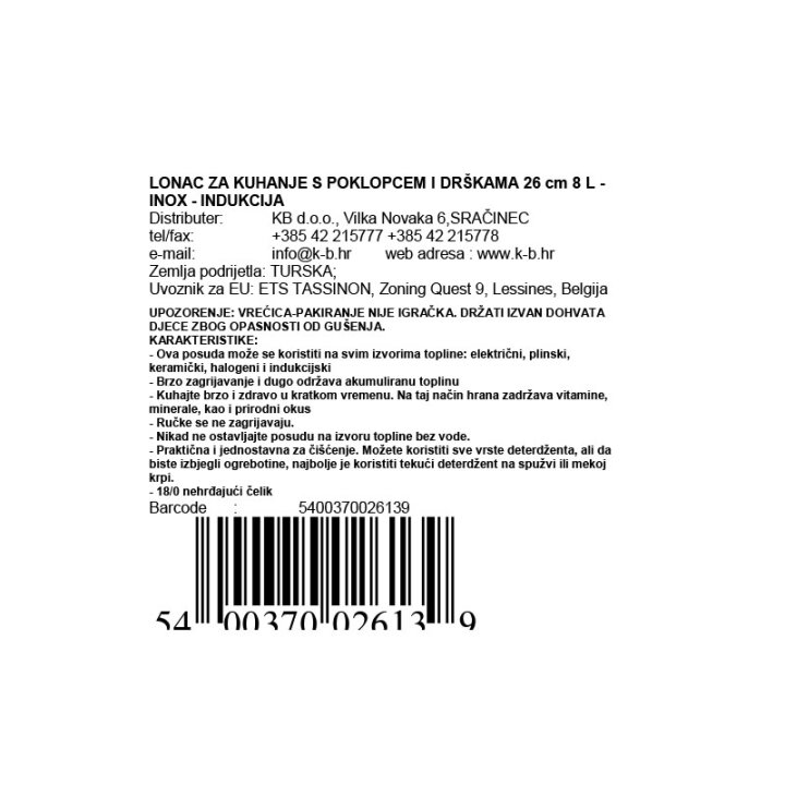 LONAC ZA KUHANJE S POKLOPCEM I DRŠKAMA 26 cm 8 L - INOX - INDUKCIJA