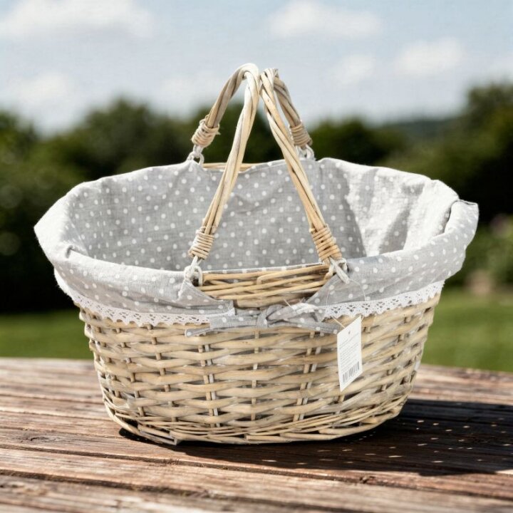 KOŠARA PLETENA OVALNA ISPRANO SIVA S PREKLOPNIM DRŠKAMA I PLATNOM 38x29x18 cm