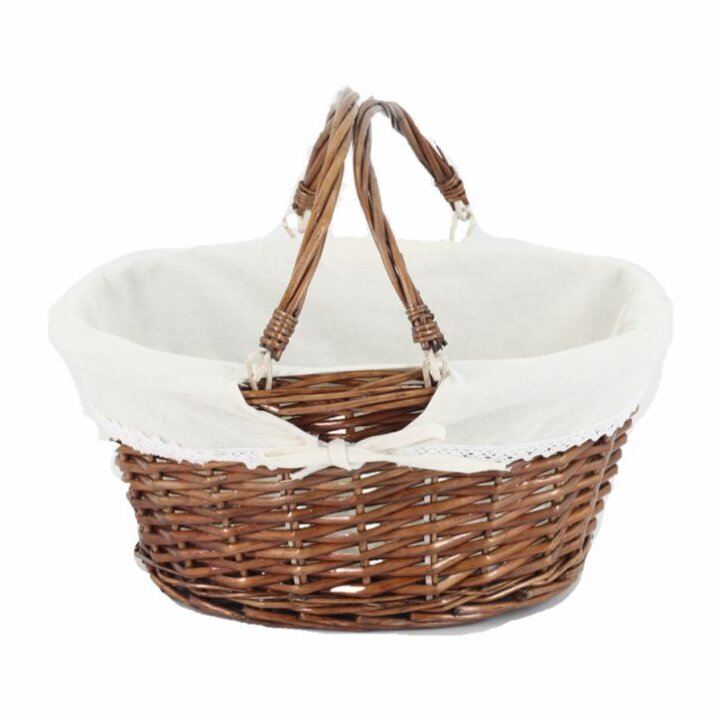 KOŠARA PLETENA OVALNA SMEĐA S PREKLOPNIM DRŠKAMA I PLATNOM 38x29x18 cm