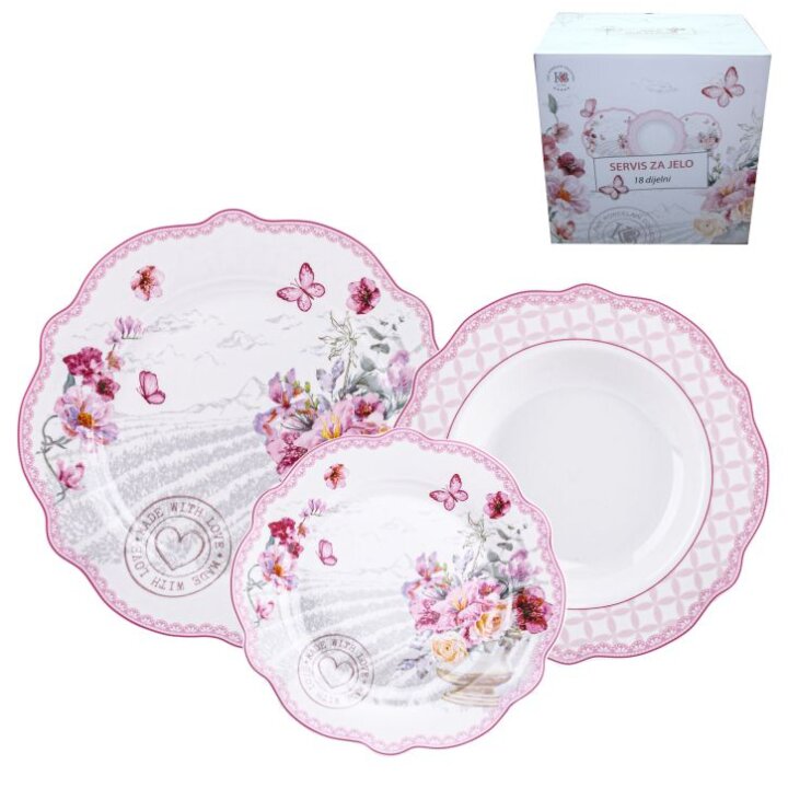 SERVIS ZA JELO GARDEN SERENADE PORCULAN 18 DIJELNI - NEW BONE DEKORIRANI - VALOVITI RUB