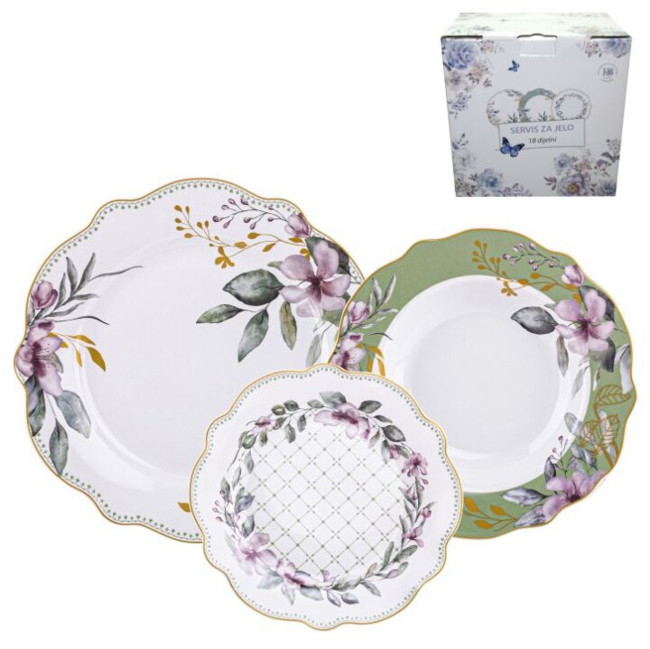 SERVIS ZA JELO SECRET GARDEN PORCULAN 18 DIJELNI NEW BONE DEKORIRANI - VALOVITI RUB