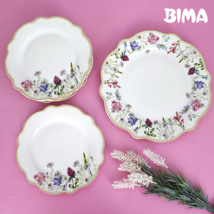 SET ZA KOLAČE 7 DIJELNI BLOOMING HARMONY PORCULAN NEW BONE DEKORIRANI - VALOVITI RUB