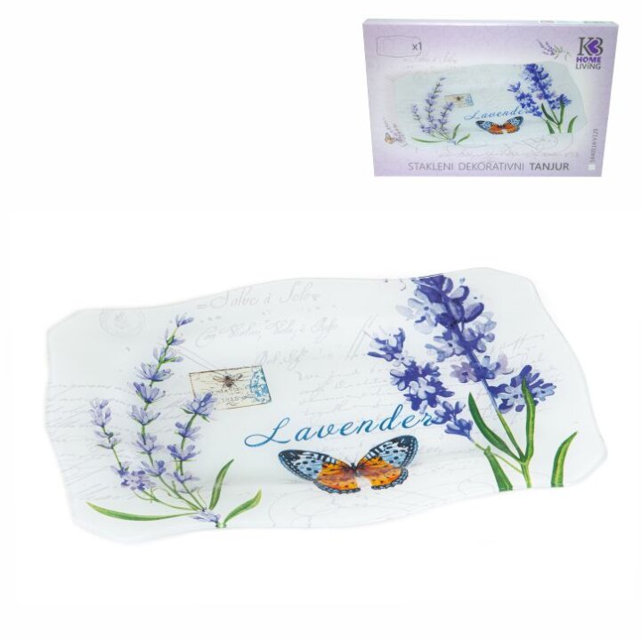 STAKLENI DEKORATIVNI TANJUR ČETVRTASTI LAVANDA S VALOVITIM RUBOM 35,5 cm