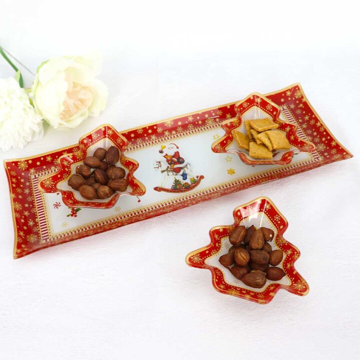 BOŽIĆNI STAKLENI DEKORATIVNI SET 3 ZDJELICE 10 cm NA TACNI 32x15 cm