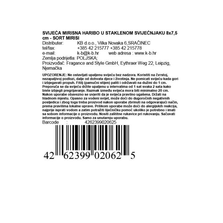 SVIJEĆA MIRISNA HARIBO U STAKLENOM SVIJEĆNJAKU 8x7,5 cm - SORT MIRISI