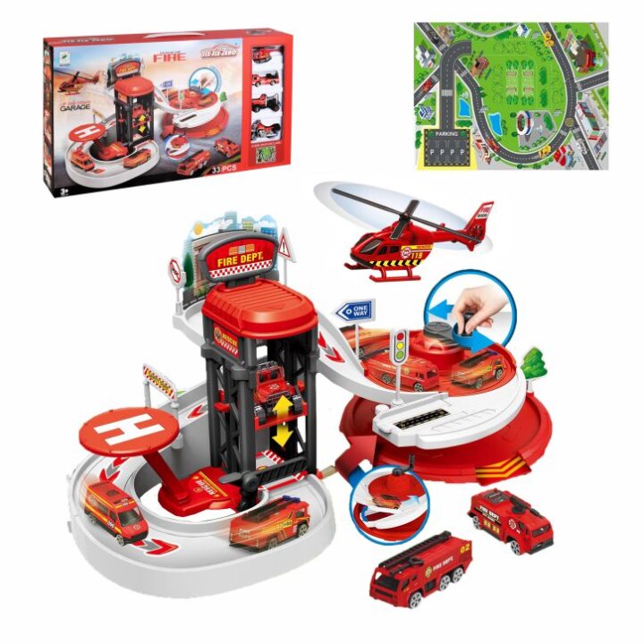 PARKING GARAŽA VATROGASNA POSTAJA S VOZILIMA I HELIKOPTEROM U KUTIJI 54,3x31,4cm