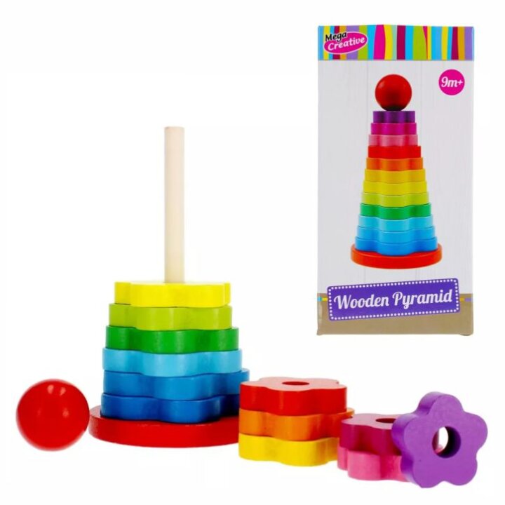 DRVENA DIDAKTIČKA PIRAMIDA S PRSTENIMA U BOJI ZA SLAGANJE 10,5x20,5 CM